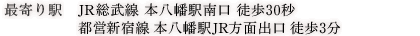 最寄り駅　JR総武線 本八幡駅南口 徒歩30秒
都営新宿線 本八幡駅JR方面出口 徒歩3分